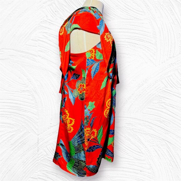 Y2K Designer Joy Han 100% Silk, Floral & Bird Print Red Dress - Picture 6 of 11